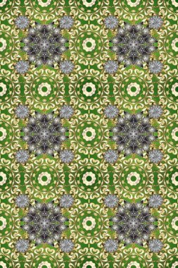 Geleneksel oryantasyon süsü. Klasik klasik klasik arka plan. Kusursuz klasik raster altın desenli. Yeşil, gri ve bej renklerde altın elementlerle kusursuz desen.