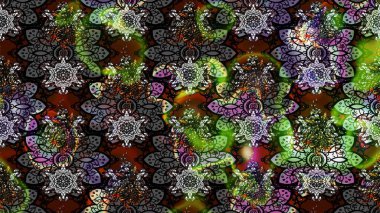 Düz Çiçek Elementleri Tasarımı. Renkli Bahar Teması eskiz kalıbı. Çiçek desenli çizim. Güzel kumaş deseni. Raster illüstrasyonu. Asya tekstil tarzında.