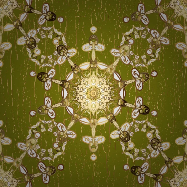 Altın antika ortaçağ dekoratifi, yaprakları ve kahverengi ve bej renklerinde altın desenli süslemeleri olan kusursuz desen. Kusursuz kraliyet lüksü, altın barok kumaş rengi..