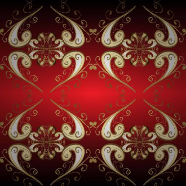 Klasik raster şablonu. Kırmızı, kahverengi ve altın desenli. Tekrarlayan ögelerle kusursuz soyut arkaplan.