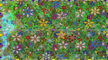 Çiçek çelengi. Kıvırcık, parlak örgü. Şablon, pürüzsüz, çiçekli kenar. Raster illüstrasyonu. Eski moda arka plan. Güzel, pürüzsüz kumaş, tuval..