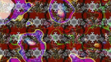 Çok renkli, kırmızı ve kahverengi zarif küçük çiçekler ve gri, kırmızı ve kahverengi renkli komik böcekler, raster deseni, illüstrasyon.