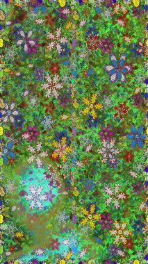 Parlak renkli çiçekleri ve yeşil ve kahverengi renkte yaprakları olan şaşırtıcı, pürüzsüz çiçek deseni. Moda baskıları için zarif bir şablon. Modern çiçek arkaplanı. Halk stili.