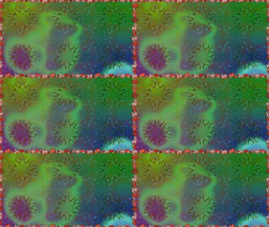 Çiçek tasarımı için inanılmaz bir kolaj cenneti tarzı. Çiçekli zambaklar kusursuz bir arka plan. Parlak çiçekli kolaj çiçekleri yeşil ve mavi.