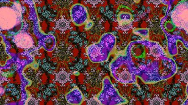 Raster - stok. Yapraklı çiçekler ve kahverengi ve kırmızı renklerde papatya çiçekleri. Taslak arkaplan deseni.