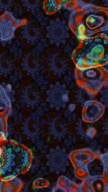 Gri ve siyah renkli Asya tekstili. Çiçek desenli çizim. Raster illüstrasyonu.