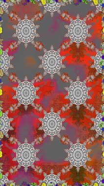 Düz Çiçek Elementleri Tasarımı. Raster illüstrasyonu. Asya tekstil tarzında. Renkli Bahar Temalı Kusursuz Arkaplan. Gri ve kahverengi renkli çiçekler. Kusursuz çiçek deseni.