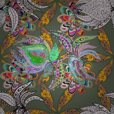 Raster illüstrasyonu. Şirin karalama çiçekleri olan kusursuz çiçek desenleri. Raster illüstrasyonu. Eskiz stili gri ve yeşil renklerde. El yapımı çiçek ve bitki koleksiyonu.