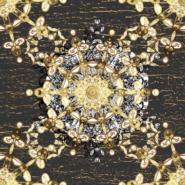 Traditional orient ornament. Classic vintage background. Seamless pattern on brown and white colors with golden elements. Seamless classic raster golden pattern.