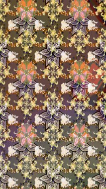 Şirin çiçekli eskiz deseni ve kahverengi renkli yapraklar, suluboya çiçek deseni, duvar kağıdı, kart veya kumaş için fayanslı. Raster illüstrasyonu.