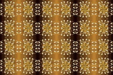 Güzel renklerde ve altın elementlerle kusursuz desen. Doğu tarzı arabesk. Hassas altın deseni açın. Kusursuz altın desenli bukleler. Parlak dantel, stilize çiçekler, şal desenli. Raster illüstrasyonu