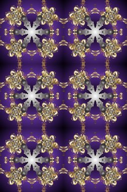Doğulu arabeskler. Raster. Hassas altın deseni açın. Mor ve gri renklerde altın elementlerle kusursuz desen. Kusursuz altın desenli bukleler. Parlak dantel, stilize çiçekler, şal desenli