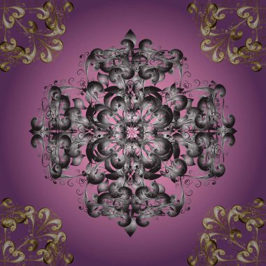 Raster klasik barok çiçeksiz altın desenli. Lüks, kraliyet ve Viktorya dönemi konsepti. Süslü dekorasyon. Gri ve mor renklerde altın desenli altın elementler.