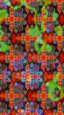 Raster illüstrasyonu. Kırmızı ve kahverengi renklerde. Kırmızı ve kahverengi renkte kırmızı ve kahverengi papatya deseni.