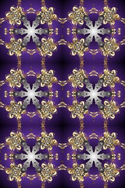 Doğulu arabeskler. Raster. Hassas altın deseni açın. Mor ve gri renklerde altın elementlerle kusursuz desen. Kusursuz altın desenli bukleler. Parlak dantel, stilize çiçekler, şal desenli