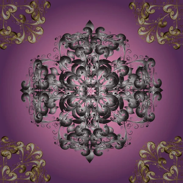Raster klasik barok çiçeksiz altın desenli. Lüks, kraliyet ve Viktorya dönemi konsepti. Süslü dekorasyon. Gri ve mor renklerde altın desenli altın elementler.