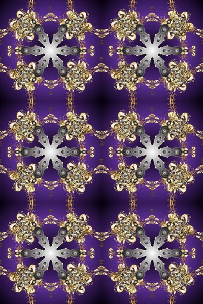 Doğulu arabeskler. Raster. Hassas altın deseni açın. Mor ve gri renklerde altın elementlerle kusursuz desen. Kusursuz altın desenli bukleler. Parlak dantel, stilize çiçekler, şal desenli