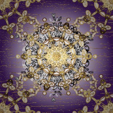 Geleneksel oryantasyon süsü. Klasik klasik klasik arka plan. Tarafsız ve mor renklerde altın elementlerle kusursuz desen. Klasik raster altın pürüzsüz desen.