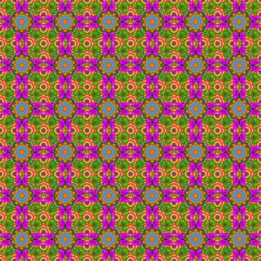 Çok yeşil, mor ve sarı zarif küçük çiçekler ve yeşil, morumsu ve sarı renkli komik böcekler, raster deseni, illüstrasyon.