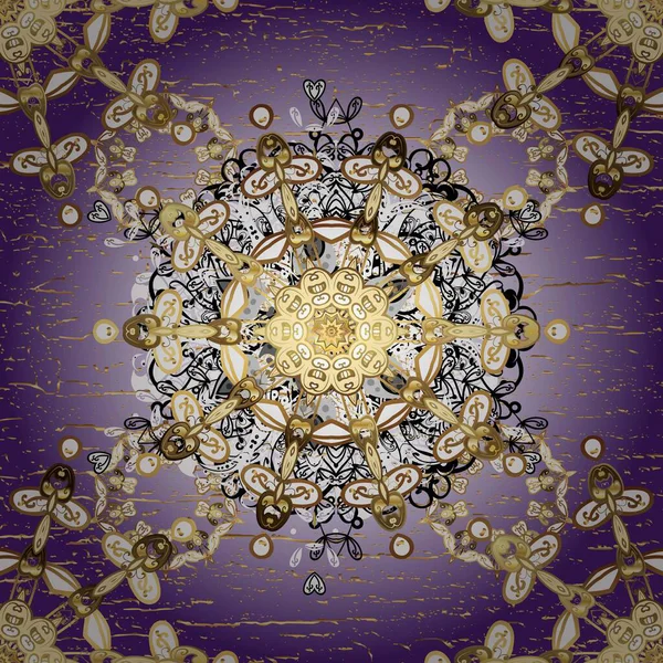 Geleneksel oryantasyon süsü. Klasik klasik klasik arka plan. Tarafsız ve mor renklerde altın elementlerle kusursuz desen. Klasik raster altın pürüzsüz desen.