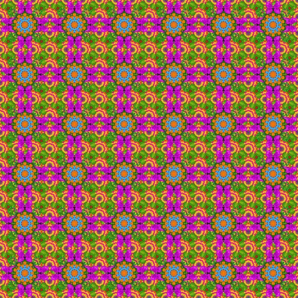 Çok yeşil, mor ve sarı zarif küçük çiçekler ve yeşil, morumsu ve sarı renkli komik böcekler, raster deseni, illüstrasyon.