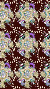 Küçük çiçekteki sevimli çiçek deseni. Bir sürü kahverengi ve soyut çiçekli tropik eskiz deseni. Varicolobrown Raster çizimi.