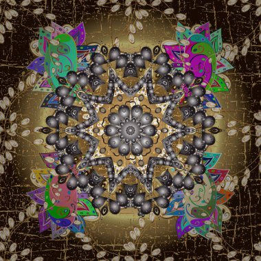 Duvar kâğıdı için altın süslü bir illüstrasyon. Hoş renkler üzerine geleneksel Arapça dekor. Doğu tarzında klasik tasarım öğesi. Süslü dantel iz sürücü. Çiçekli süslemeli, pürüzsüz bir desen..