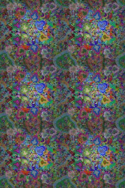 Raster illüstrasyonu. Düz Çiçek Elementleri Tasarımı. Mavi ve yeşil renkli çiçekler. Çiçekli, suluboya desenli kusursuz çiçek deseni. Renkli Bahar Teması Kusursuz Arkaplan.