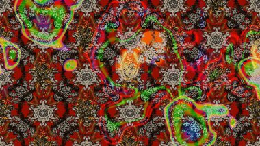 Çiçeksel çizim kalıbının yansıması. Vadinin çiçekleri kahverengi ve kırmızı renklerde.