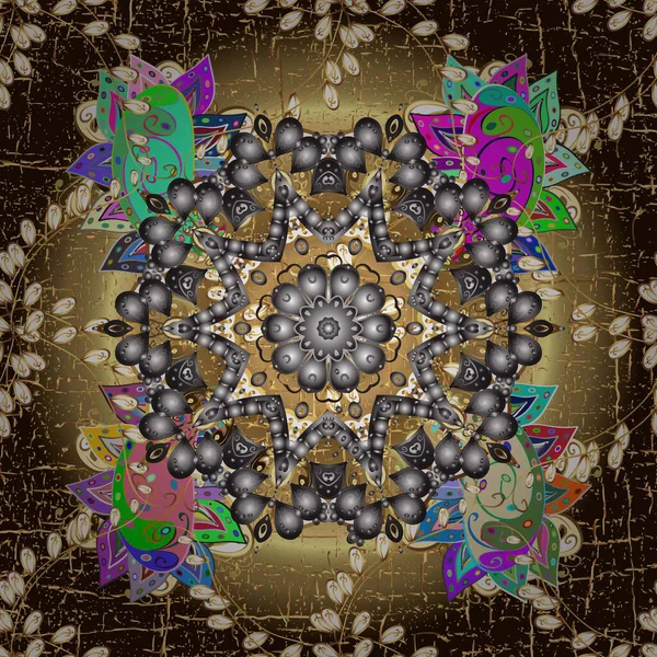 Duvar kâğıdı için altın süslü bir illüstrasyon. Hoş renkler üzerine geleneksel Arapça dekor. Doğu tarzında klasik tasarım öğesi. Süslü dantel iz sürücü. Çiçekli süslemeli, pürüzsüz bir desen..