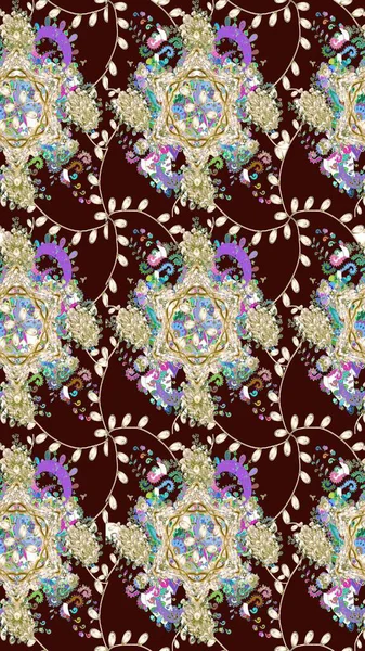 Küçük çiçekteki sevimli çiçek deseni. Bir sürü kahverengi ve soyut çiçekli tropik eskiz deseni. Varicolobrown Raster çizimi.