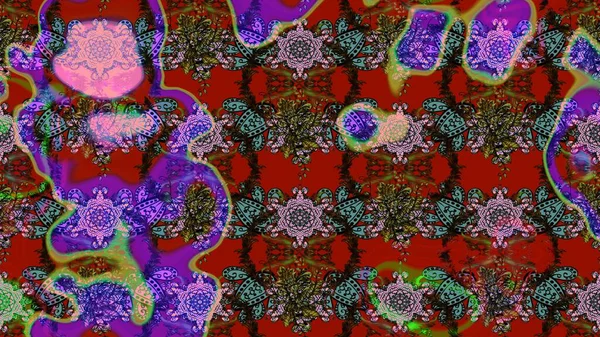 Çiçek desenli çizim. Kırmızı ve kahverengi renkte çiçekler. Asya tekstil tarzında. Raster illüstrasyonu. Raster illüstrasyonu.