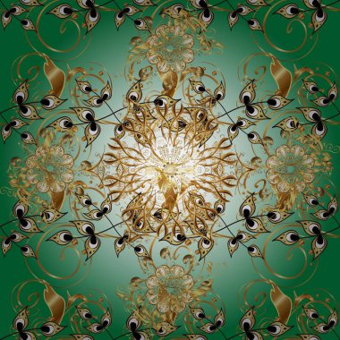 Yeşil ve nötr renklerde, altın elementlerle klasik, pürüzsüz desen. Raster illüstrasyonu.