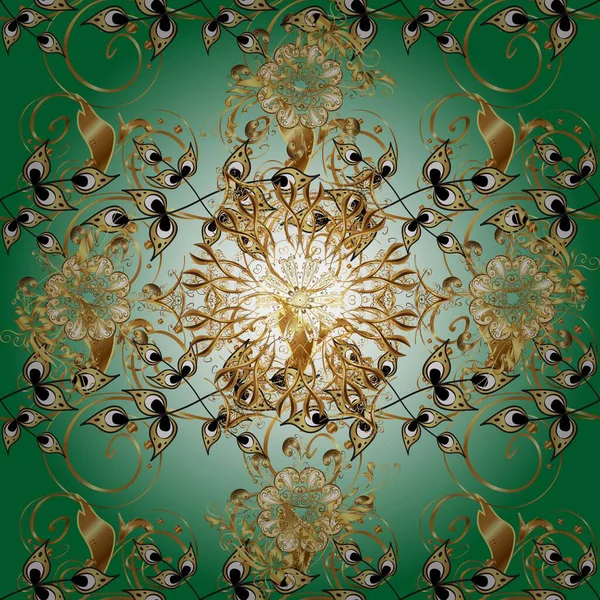 Yeşil ve nötr renklerde, altın elementlerle klasik, pürüzsüz desen. Raster illüstrasyonu.