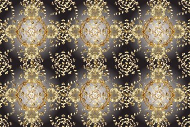 Altın karalama fantezi yapraklarından Raster soyut çiçek çelengi ve gri ve kahverengi renkte çiçek. El yapımı dekoratif çerçeve, albüm kapağı, tebrik kartı, klasik Art deco tarzı.