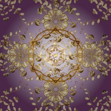 Tarafsız ve mor renklerde, altın elementlerle kusursuz klasik desen. Noel, kar tanesi, yeni yıl 2019.