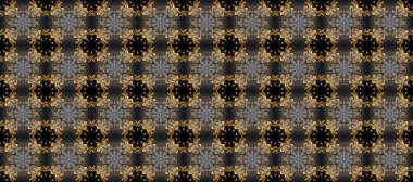 Kusursuz desenli oryantal süs. İslam tasarımı. Çiçek kiremitleri. Raster altın tekstil baskısı. Altın desenli sarı, turuncu ve bej rengi altın elementlerle.