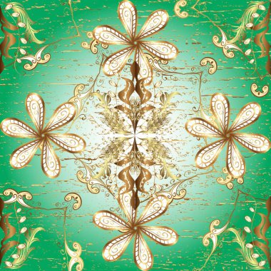 Doğu tarzı arabesk. Güzel renklerde ve altın elementlerle kusursuz desen. Kusursuz altın desenli bukleler. Parlak dantel, stilize çiçekler, şal desenli. Hassas altın deseni açın. Raster illüstrasyonu