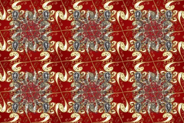 Kusursuz oryantal klasik altın desen. Kırmızı, kahverengi ve bej renklerde altın tekrarlayan elementler içeren Raster soyut arkaplanı.