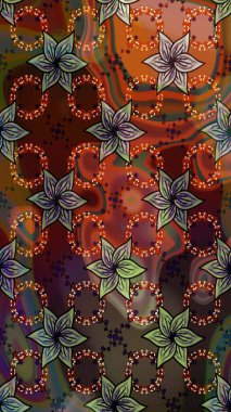 Kahverengi ve yeşil renkli çiçekler. Düz Çiçek Elementleri Tasarımı. Raster Illustrasyon 'da moda olmayan çiçek deseni. Renkli Yaz Temalı Kusursuz Arkaplan.