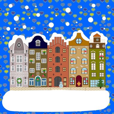 Kartpostallar, duvar kağıtları ya da tatil tasarımı için dekoratif, pürüzsüz desen. Şenlikli konfeti geçmişi olan eski Avrupa konak evlerinin renkli bir çizimi.