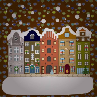 Şenlikli konfeti geçmişi olan eski Avrupa konak evlerinin renkli çizimleri. Kartpostallar, duvar kağıtları ya da tatil tasarımı için dekoratif, pürüzsüz desen.