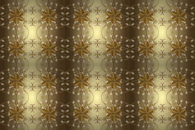 Kına dövmeli süs çiçekleri, altın çıkartmalar, mehndi ve yoga tasarımı, kartlar ve parmak izleri. Kahverengi ve bej renkli desen. Raster altın mehndi kusursuz desen.