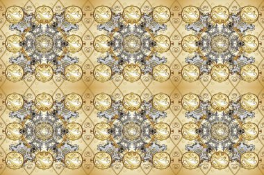 Çizgi sanatı tasarım şablonu için kusursuz sınır. Bej, nötr ve gri renklerde altın element. Davetiyeler, kartlar, web sayfası için Raster illüstrasyon. Altın desenli çiçek dekoru. Doğu tarzı ögesi