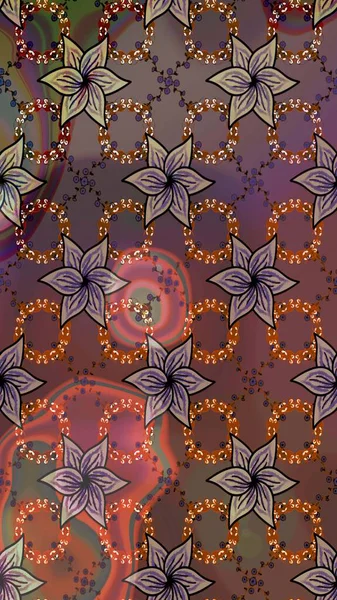 Tekstil, kumaş, ambalaj, hatıra defteri için hoş bir çiçek arkaplanı. Kahverengi ve bej arka planda. El çizimi çiçekli, pürüzsüz bir desen. Çocuksu tasarım.