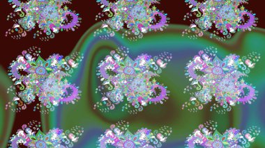 Çiçek desenli çizim. Raster illüstrasyonu. Asya tekstil tarzında. Raster illüstrasyonu. Yeşil ve kahverengi renkte çiçekler.