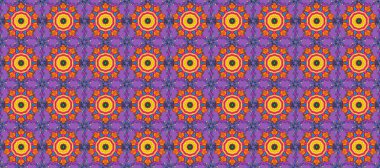 Bahar çiçekleriyle desen dallı, menekşe rengi, turuncu ve siyah renkler ve çiçek silueti. Raster deseni.