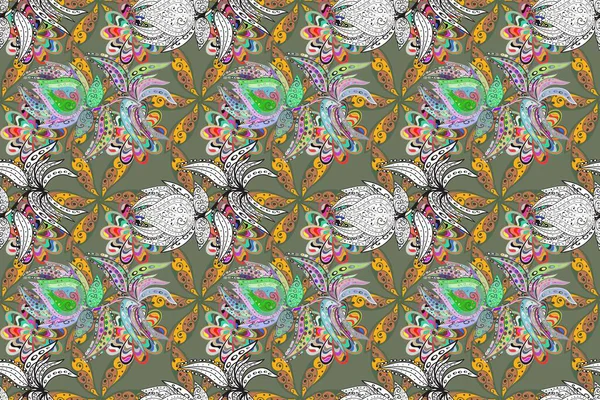 Çiçekli karalama şeklinde bir desen. Gri ve yeşil renkli çiçekler. Yumuşak, bahar çiçekli arka plan.