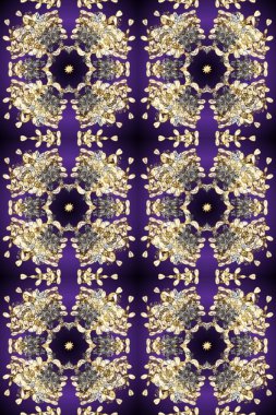 Golden pattern on violet, beige and gray colors with golden elements. Backdrop, fabric, gold wallpaper. Flat hand drawn vintage collection. Raster golden seamless pattern.