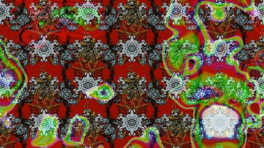 Kırmızı, kahverengi ve yeşil renkte etnik çiçeklerle süslenmiş zarif bir eskiz şekli. Raster Çiçek İllüstrasyon Şirin Tekstil.